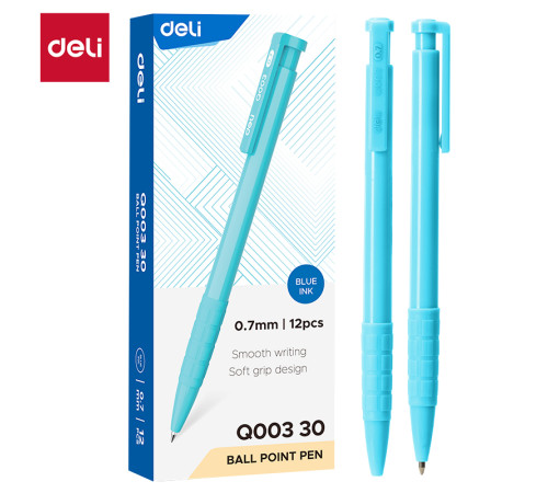 Ручка шарик Deli EQ00330 синяя Daily 0,7 автомат резиновый грипп, синий корпус