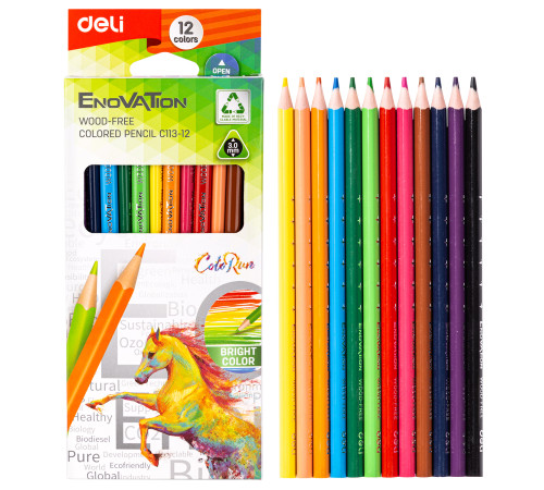 Карандаши цветные Deli EC113-12 12цв Enovation треугольный пластик корпус, карт/кор